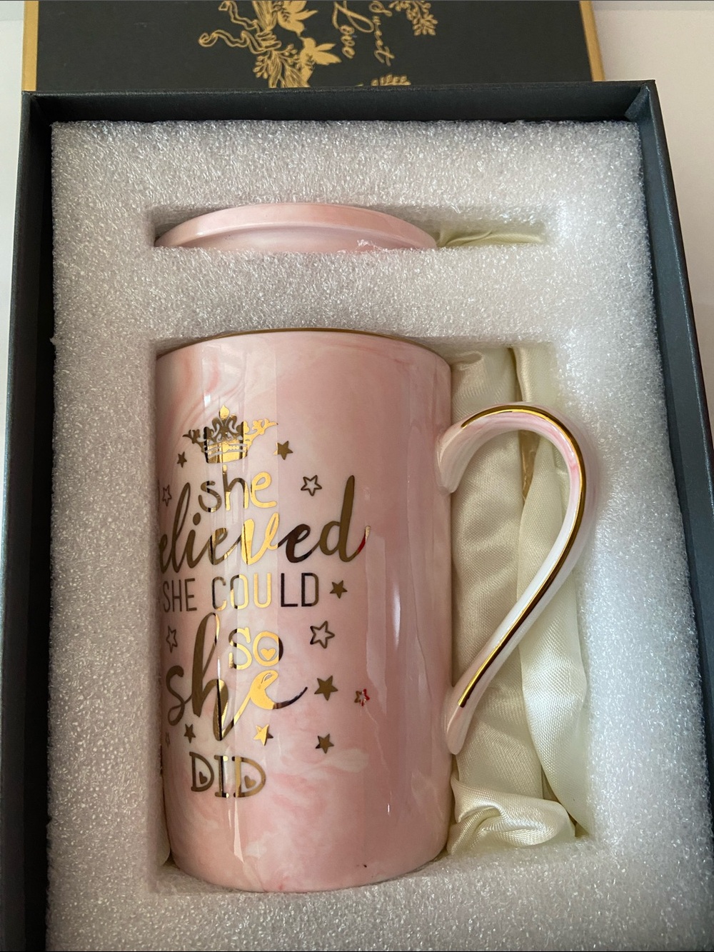 🆕 Pink Ceramic Motivational Mug with Gold Accents Includes Box
